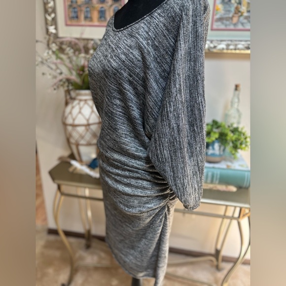 MAX STUDIO HEATHER GRAY KNIT SILVER METALLIC RUCHED BATWING SLEEVE DRESS SZ L - Picture 6 of 8